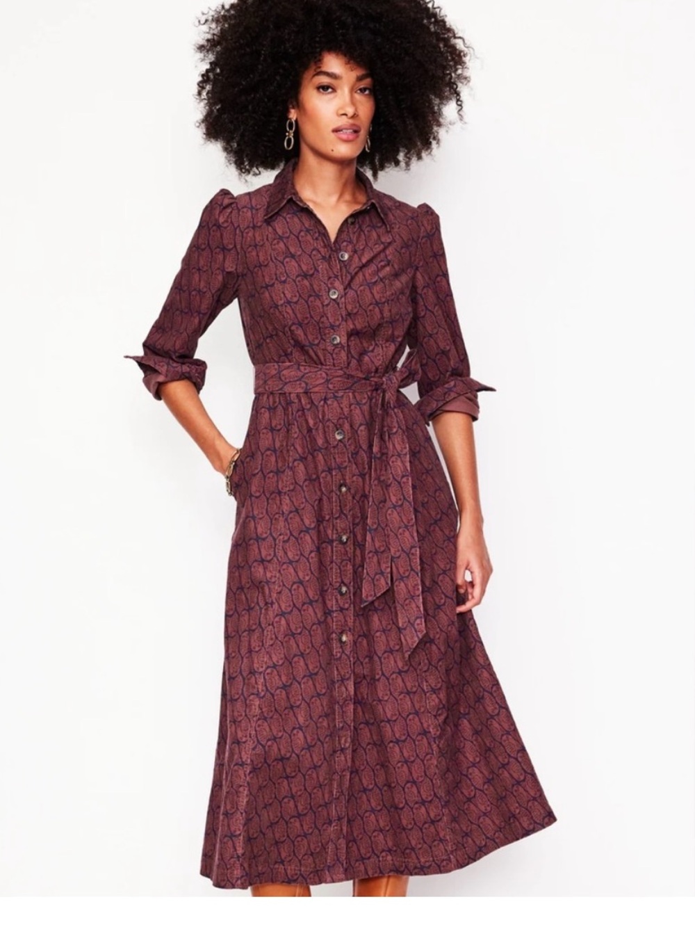 Boden Size 14 Aubrey Cord Midi Shirt Dress – Chestnut Owl Stamp Print